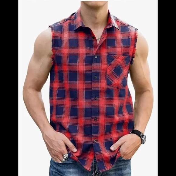 LOGEEYEAR Men's Sleeveless Plaid Flannel Button Down Shirt Vest Size XL NWOT - Picture 1 of 13
